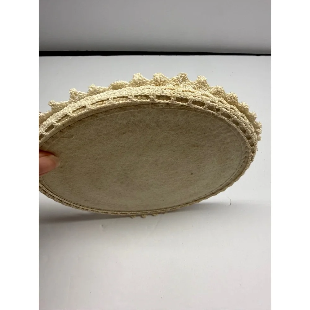 Vintage Hand Crochet Doily Round Scalloped Lace Cream Trivet  8in